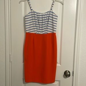 Women’s spring dress, size 4, top blue/white, bottom orange with lining inside